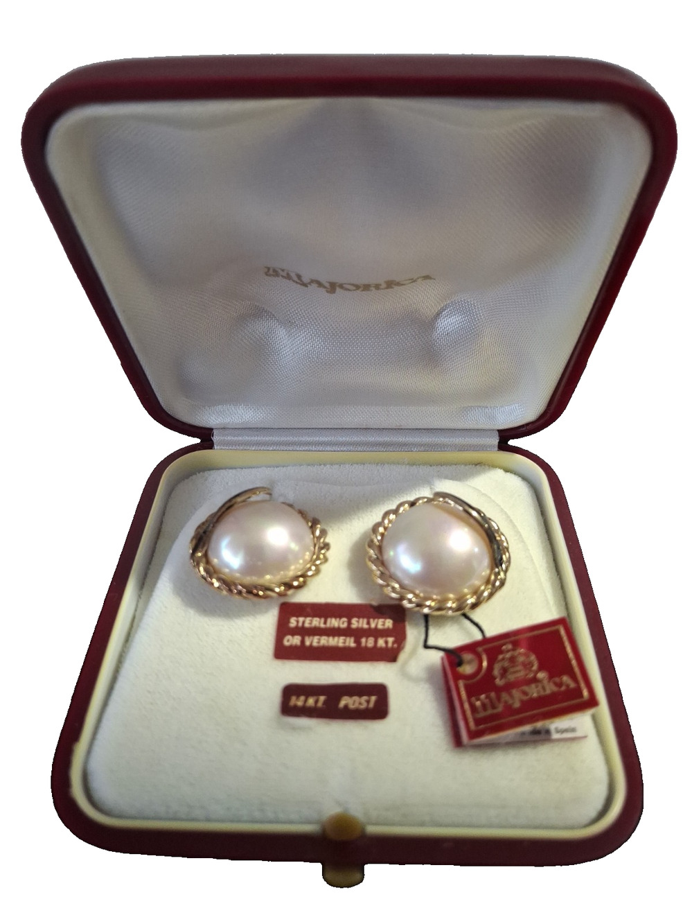NIB Vintage Majorica 18K Vermeil Organic Pearl & Twist Rope Pierced Earrings Box